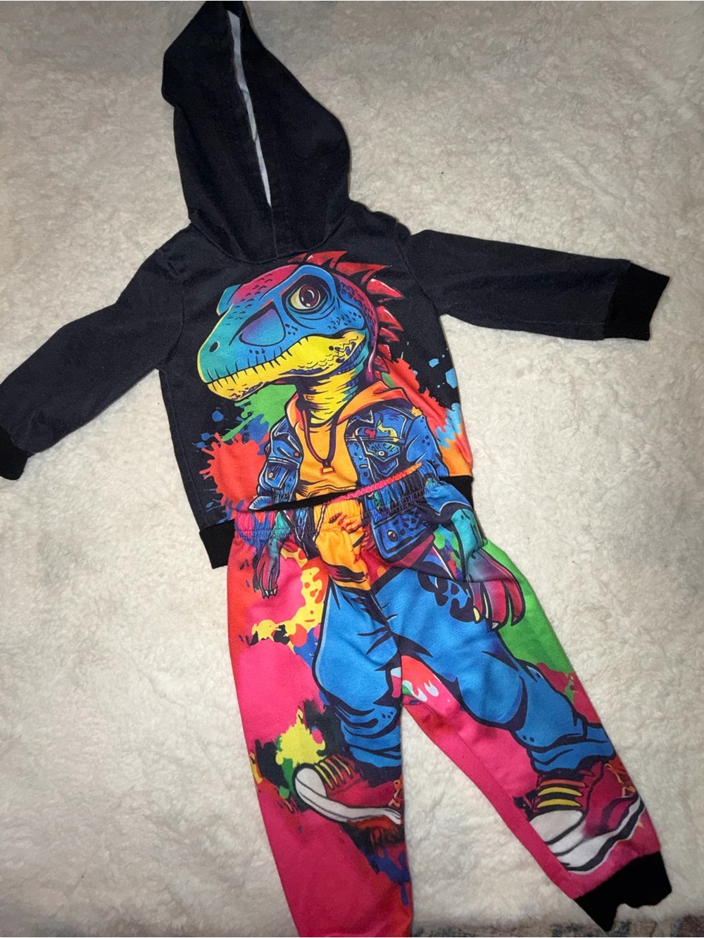 Kids Neon Dinosaur Hoodie & Joggers Set - Black, Blue, Pink, Yellow, Green